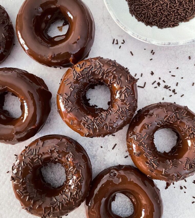Baked Chocolate Donuts Topped With A Thick Chocolate Glaze