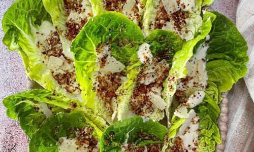 Caesar Salad Boats With Tahini Dressing, Topped With Zaatar Breadcrumbs And Parmesan Bits.