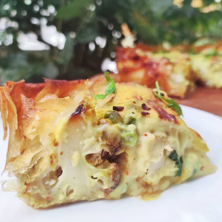 Cheesy Aloo Gobi Filo Pie