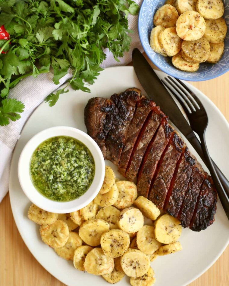 New York Strip Steak With Black Pepper Plantains & Cilantro Pesto