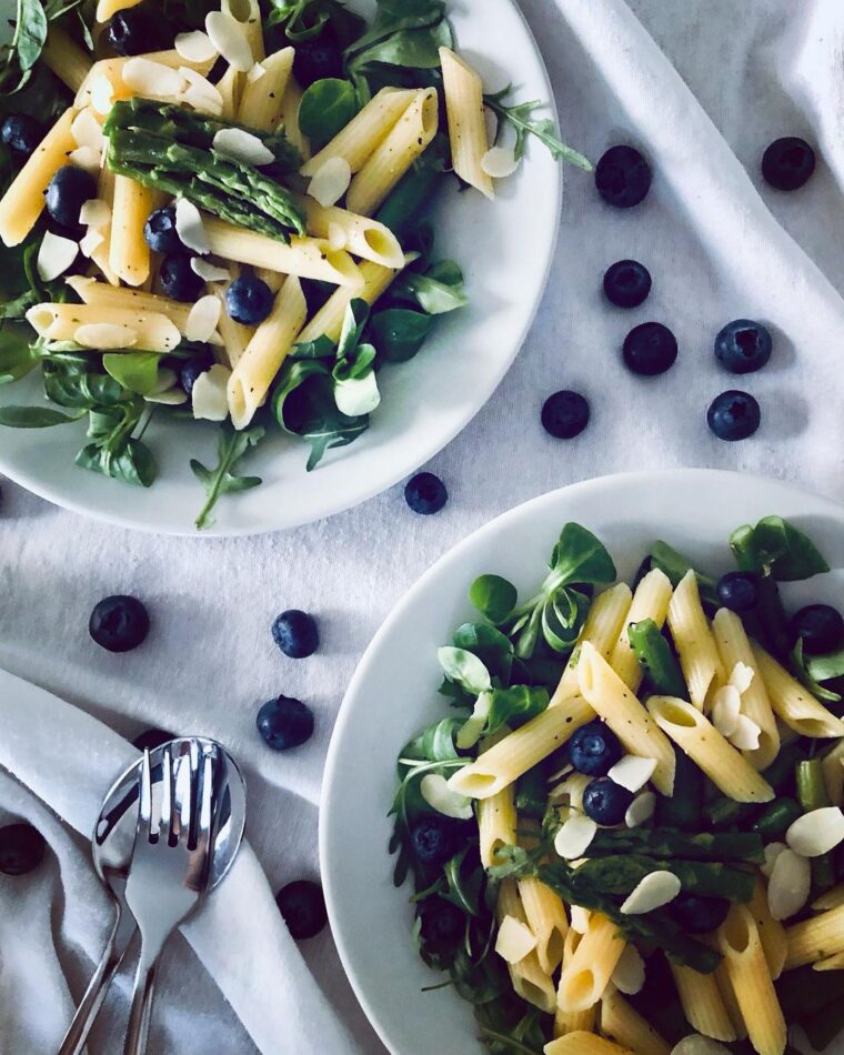 Pasta Salad With Asparagus, Blue Berries And Almonds