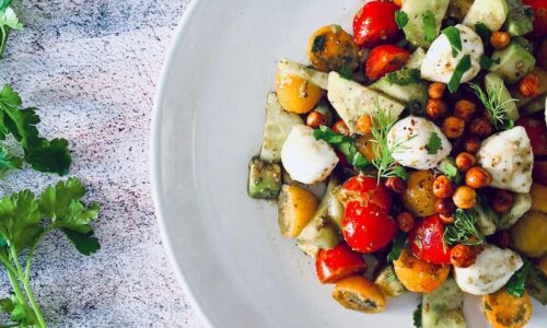 Avocado Tomato Salad With Mozzarella Balls And Pesto Sauce
