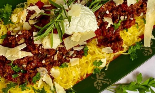 Buffalo/bison Bolognese Over Garlicky Spaghetti Squash With A Dollop Of Ricotta