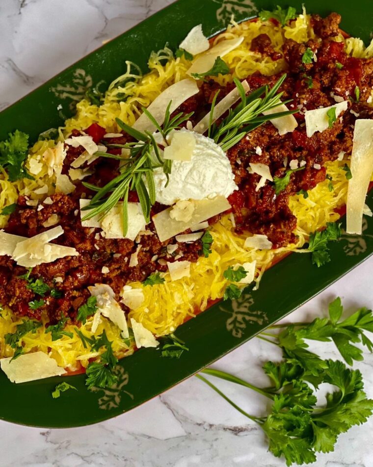 Buffalo/bison Bolognese Over Garlicky Spaghetti Squash With A Dollop Of Ricotta