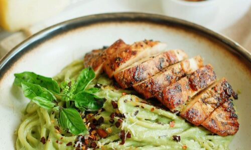 Creamy Avocado Pasta With Pan Fried Chicken