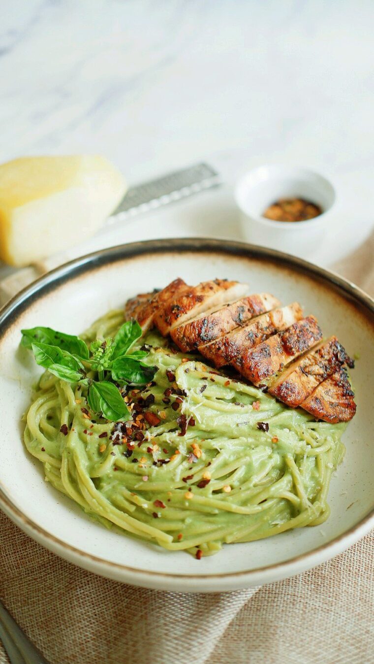Creamy Avocado Pasta With Pan Fried Chicken