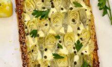 Easy 30 Minute Artichoke Puff Pastry Tart Smeared With Cream Cheese &Amp; Sprinkled With Everything Bagel Seasoning