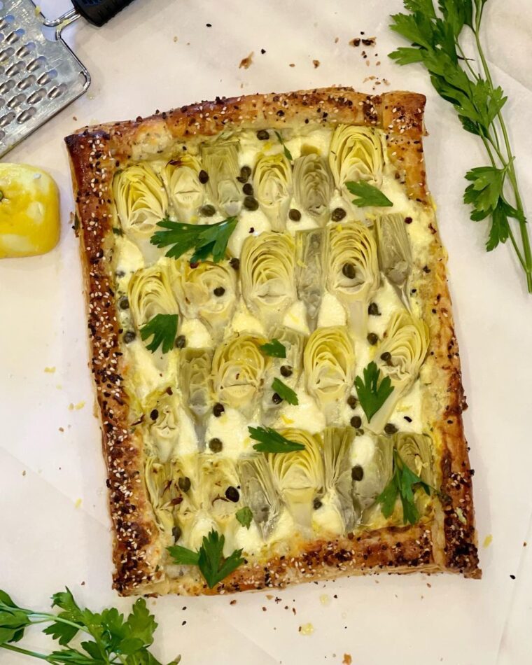 Easy 30 Minute Artichoke Puff Pastry Tart Smeared With Cream Cheese &Amp; Sprinkled With Everything Bagel Seasoning