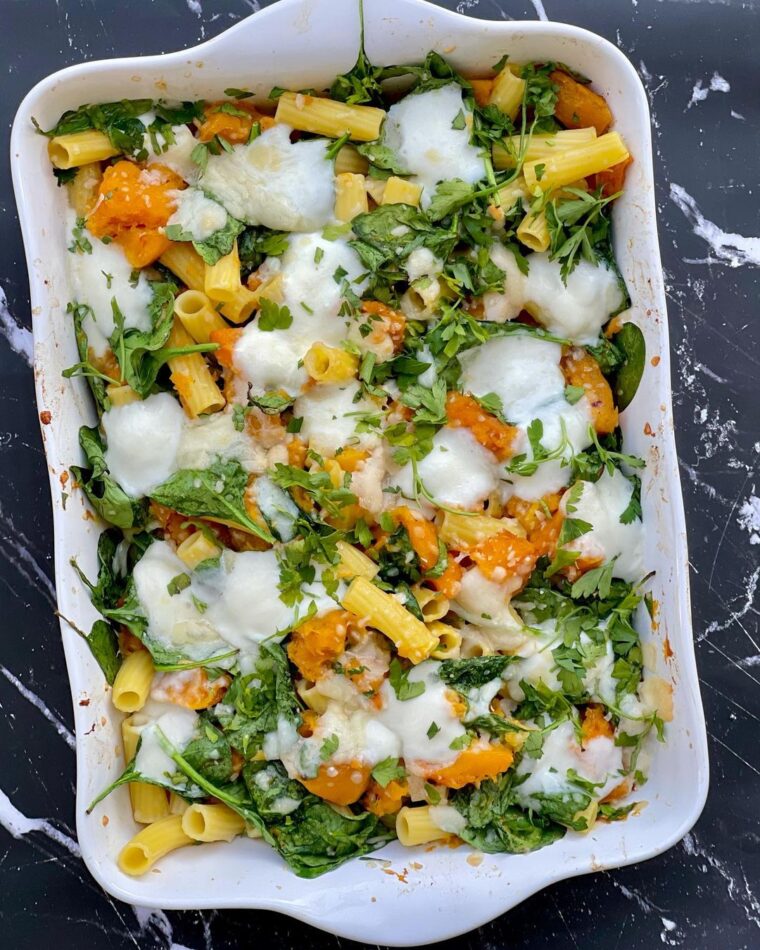 Honey Roasted Butternut Squash And Fresh Spinach Pasta Bake With Torn Buffalo Mozzarellla And Parmesan