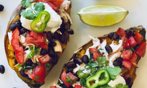 Roasted And Stuffed Sweet Potato With Pulled Chicken Black Beans Fresh Tomato Salsa And Lebne