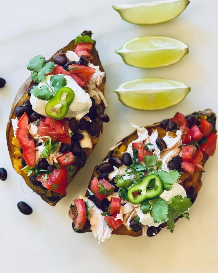 Roasted And Stuffed Sweet Potato With Pulled Chicken Black Beans Fresh Tomato Salsa And Lebne