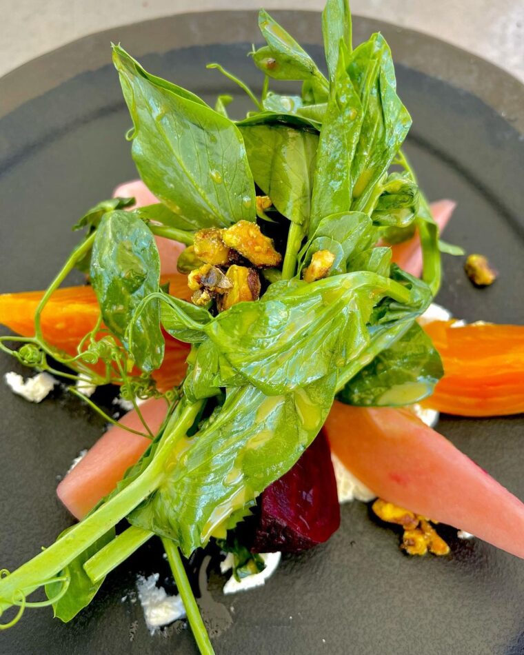 Roasted Beet And Pickled Pear Salad On A Bed Of Orange Scented Ricotta,