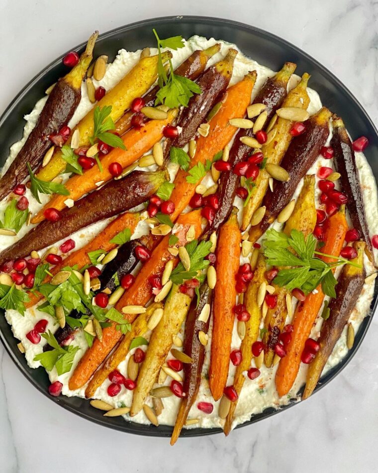 Tri-color Rainbow Carrots Roasted With Cinnamon Cumin And Smoked Paprika Drizzled With Honey