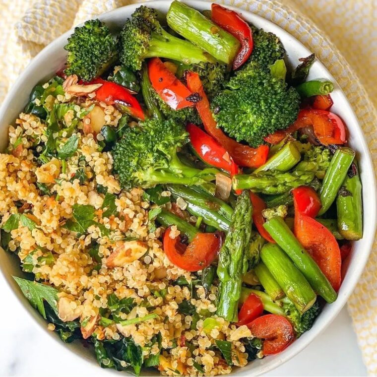 Roasted Veggie Quinoa Spicy Lemon Herb Tahini
