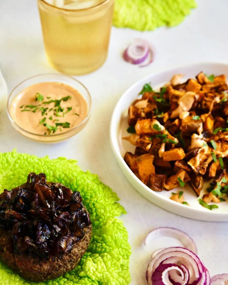 Grilled Beef Burgers With Mushroom & Caramelized Onions