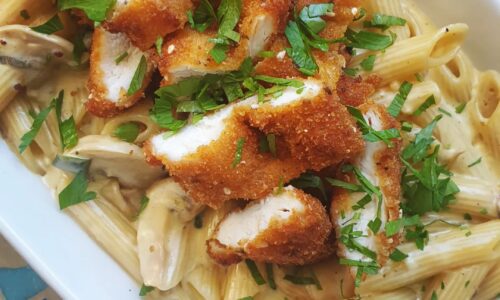 Reamy Mushroom Pasta With Chicken Schnitzel