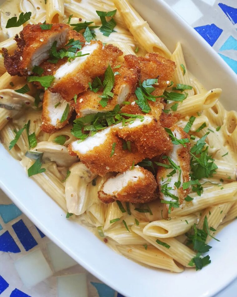 Reamy Mushroom Pasta With Chicken Schnitzel