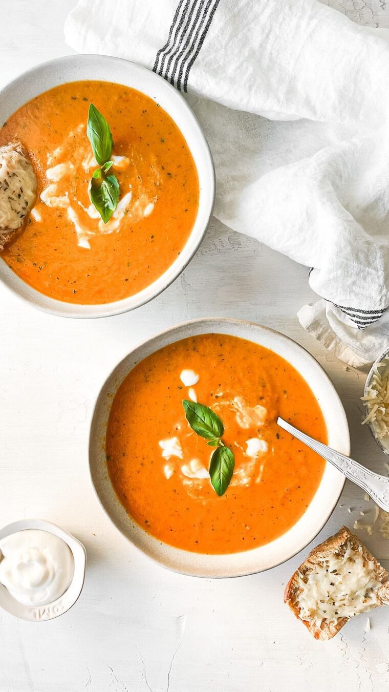 Creamy Tomato Bisque With A Crunchy Grilled Cheese