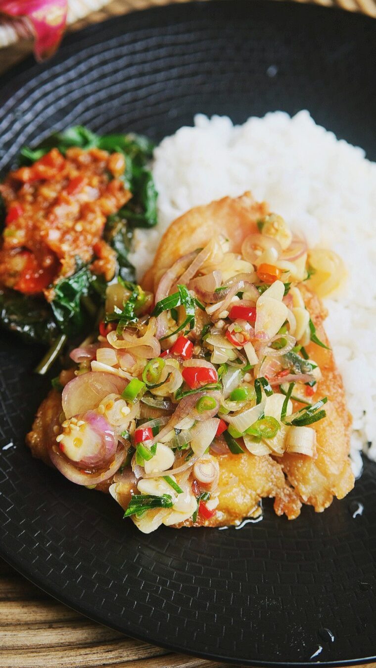 Pan Fried Red Snapper Paired Balinese Sambal Matah And Plecing Kangkung