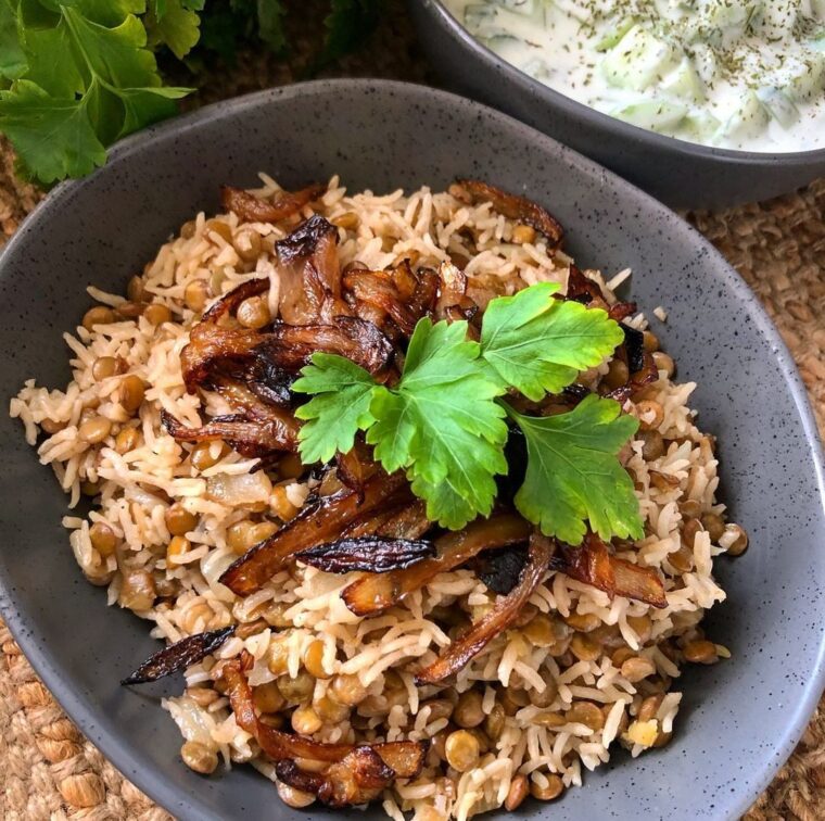 Mjadra With Cucumber Garlic Yogurt