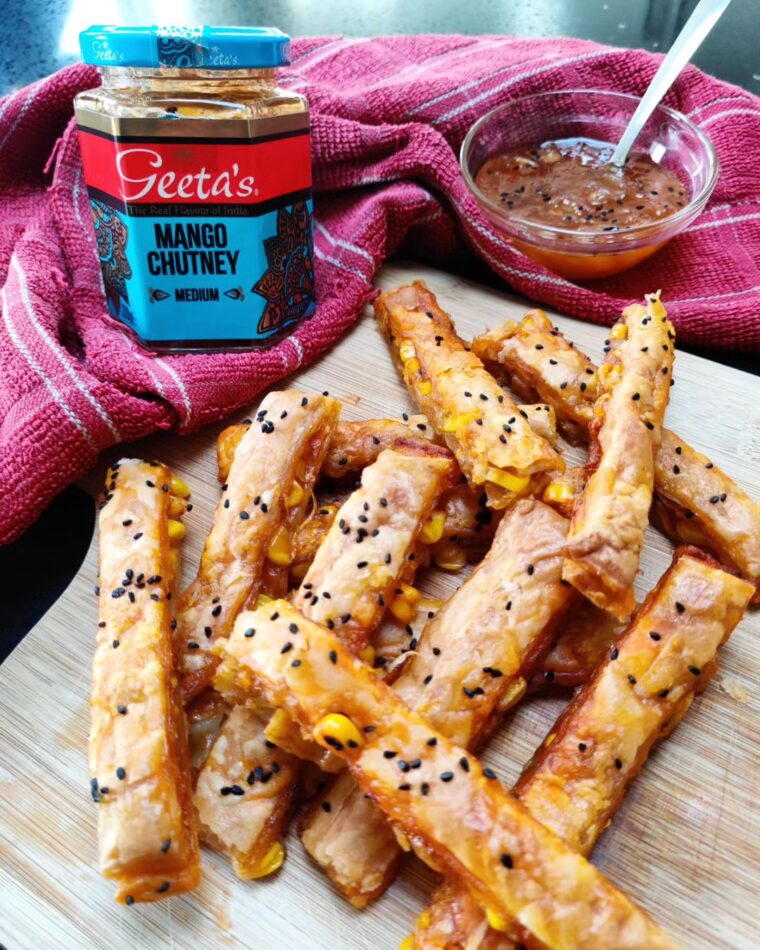 Masala Corn Pastry Sticks With Mango Chutney