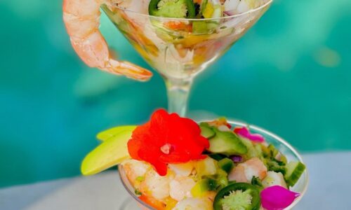 Shrimp & Mango Ceviche Served In A Martini Glass With Cucumber & Tri-color Peppers - Food Recipes dari Mango